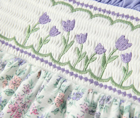 Spring Purple Floral Embroidered Smocked Bow Girl Dress