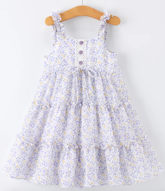 Spring Floral Girls Ruffle Bow Spaghetti Strap Dress