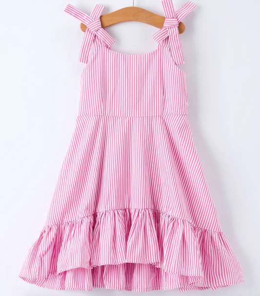 Pink Summer Stripe Bow Ruffle Girl Dress