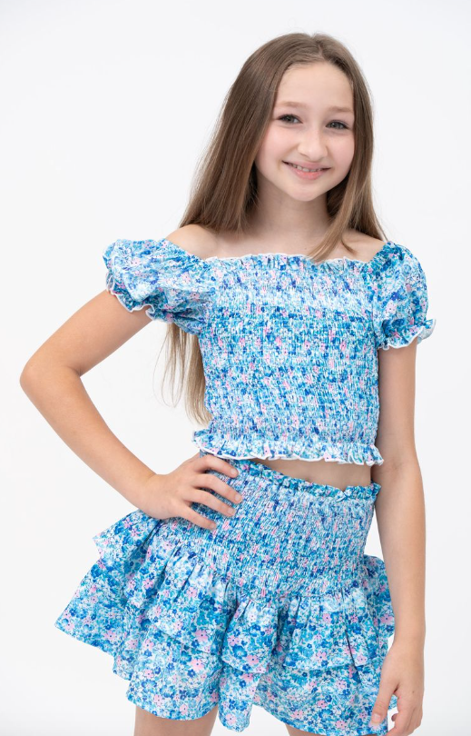 Floral Puff Sleeve Smocked Top and Smocked Tiered Skirt Set