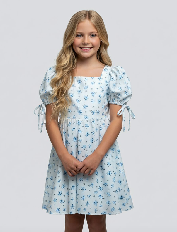 BLUE DITZY PRINT SQUARE NECK DRESS