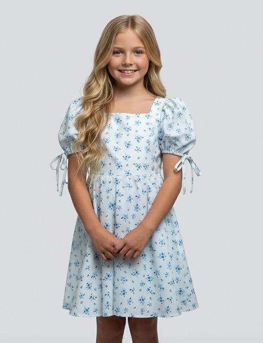 BLUE DITZY PRINT SQUARE NECK DRESS