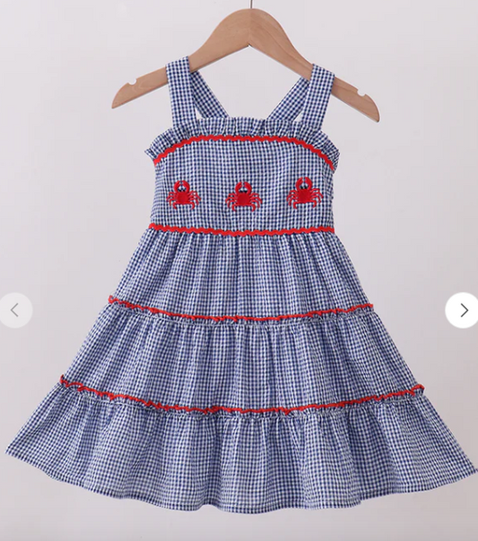 BLUE CRAB EMBROIDERY GINGHAM TIERED DRESS