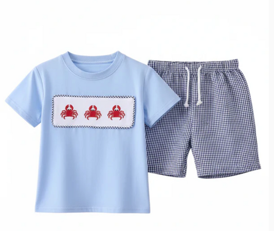 Blue Crab Embroidery Gingham Shorts Set