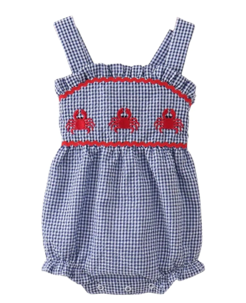 Blue Crab Embroidery Gingham Ruffle Bubble