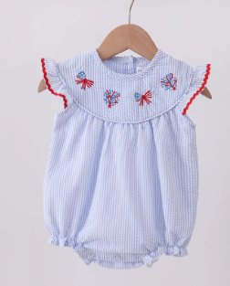 Blue Stripe Bow Fireworks Embroidery Bubble