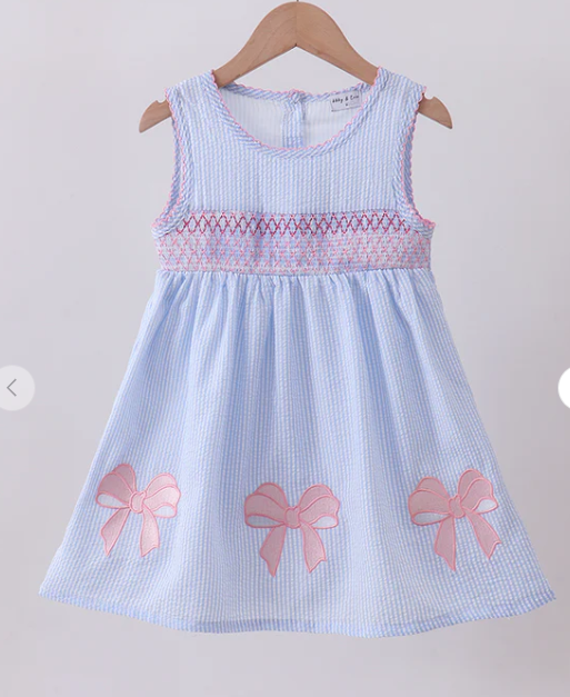BLUE SEERSUCKER BOW SMOCKED DRESS