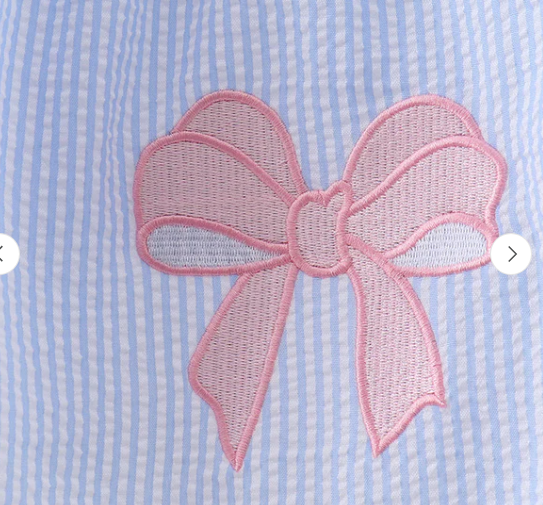 BLUE SEERSUCKER BOW SMOCKED DRESS