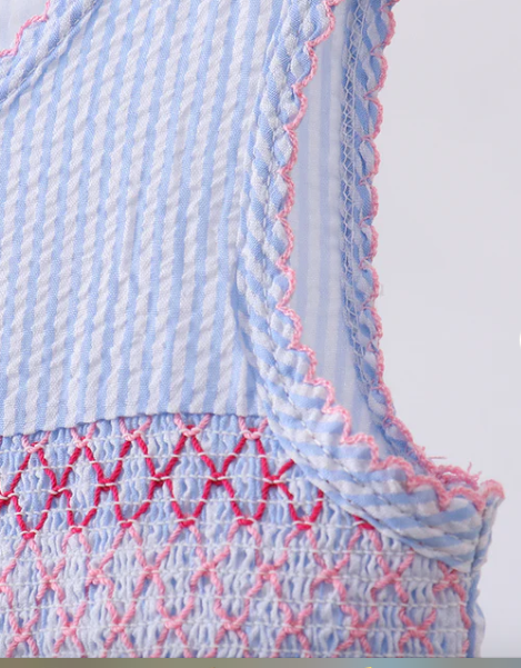BLUE SEERSUCKER BOW SMOCKED DRESS