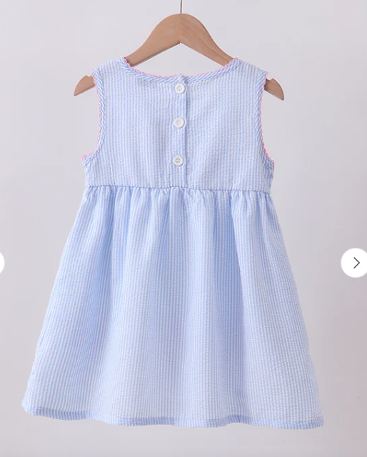 BLUE SEERSUCKER BOW SMOCKED DRESS
