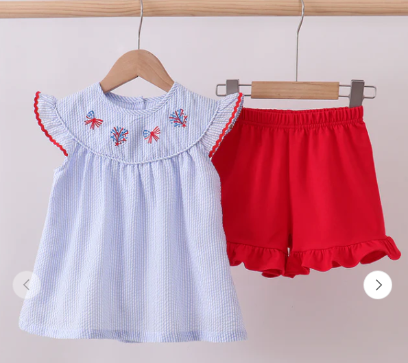 BLUE STRIPE BOW FIREWORKS EMBROIDERY RUFFLE SHORTS SET