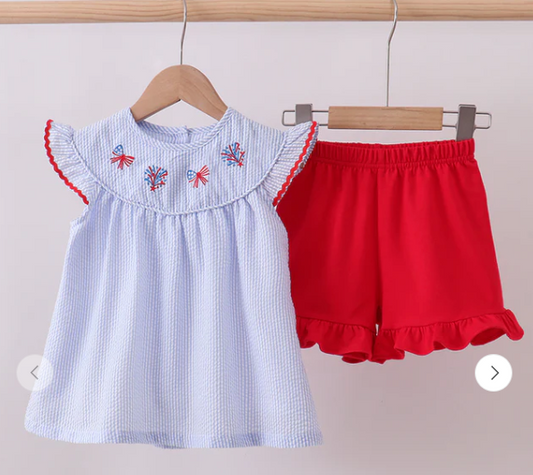 BLUE STRIPE BOW FIREWORKS EMBROIDERY RUFFLE SHORTS SET