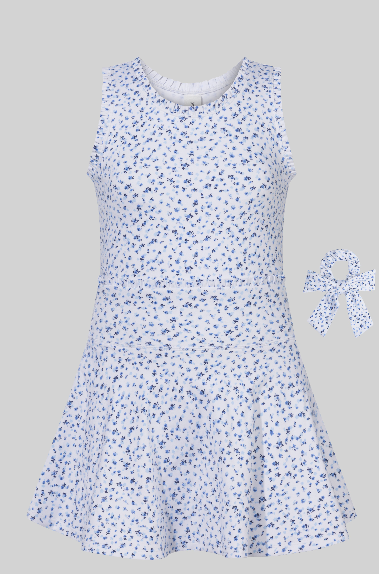 Girls Lux Lettuce Edge Tank, Skort, And Scrunchie Set in Blue Floral