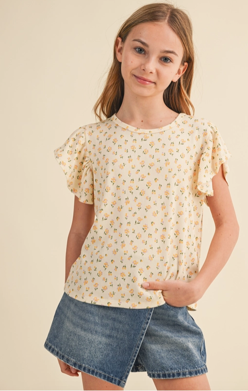 Delicate Floral Print Ruffle Sleeve Top