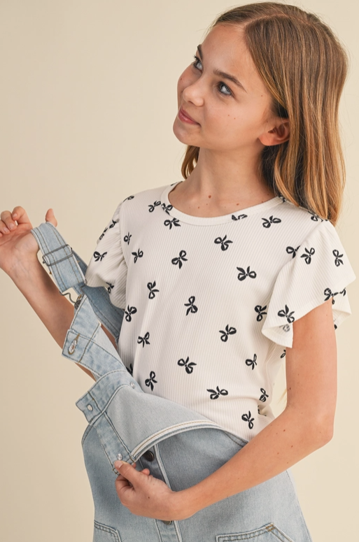Charming Bow Print Ruffle Sleeve Top