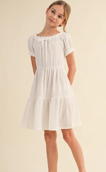 Tween Kids Girls Puff Sleeve Tiered Dress in White