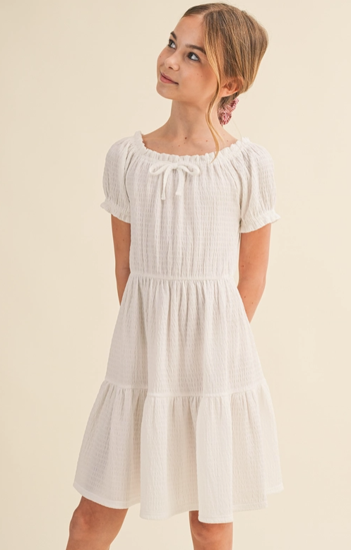 Tween Kids Girls Puff Sleeve Tiered Dress in White