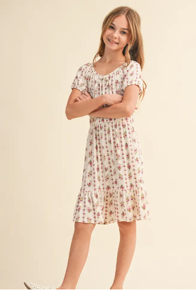 Tween Kids Girls Puff Sleeve Smock Waist Tiered Dress