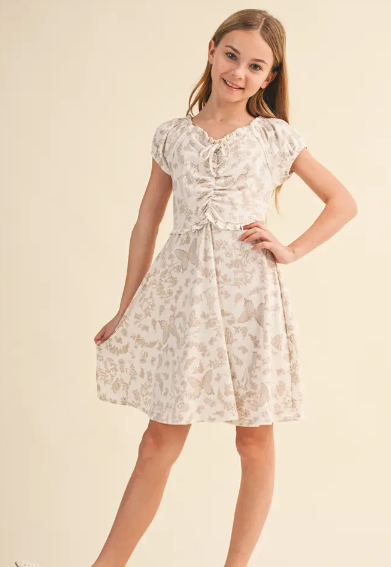 Tween Kids Girls Puff Sleeve Cinch Front Dress