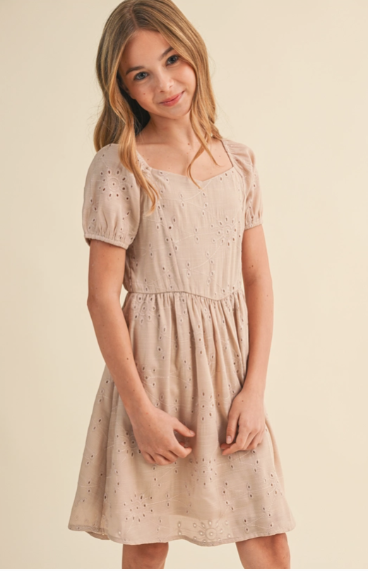 Tween Kids Girls Eyelet Dress in Taupe