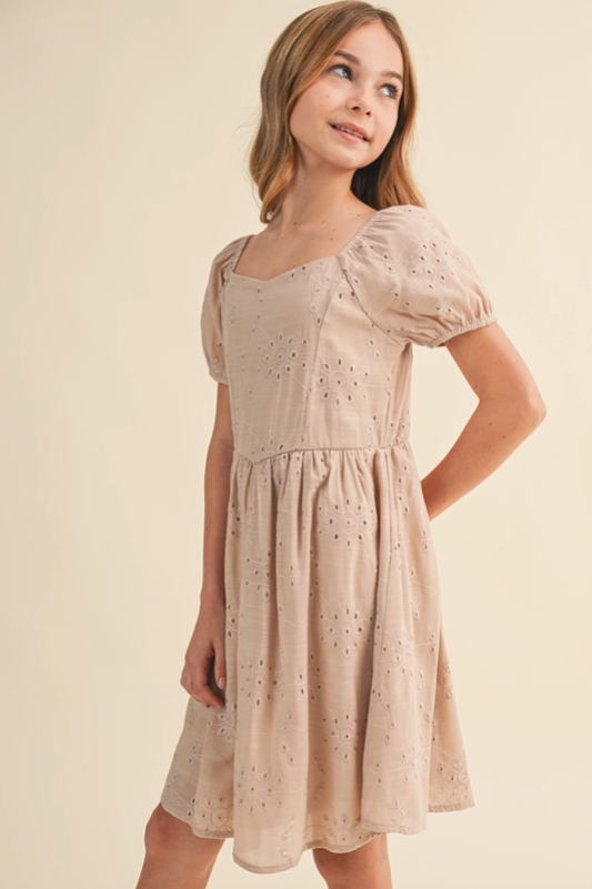 Tween Kids Girls Eyelet Dress in Taupe