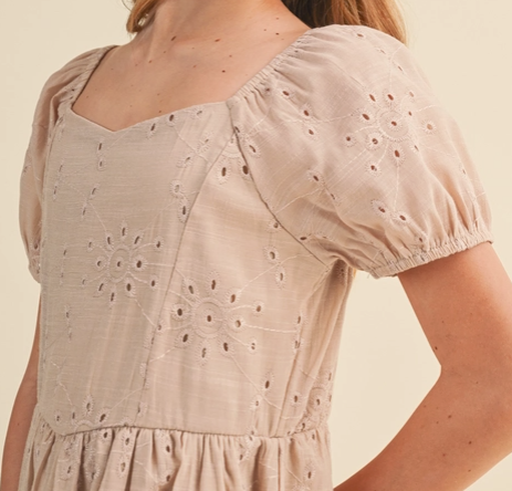 Tween Kids Girls Eyelet Dress in Taupe
