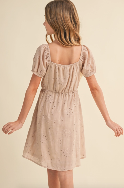 Tween Kids Girls Eyelet Dress in Taupe
