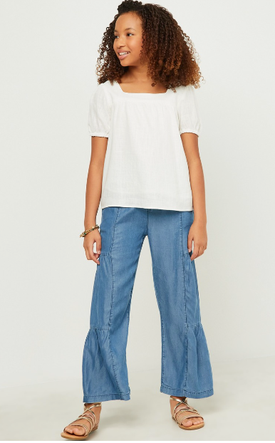 Girls Linen Look Square Neck Puff Sleeve Top in Off White