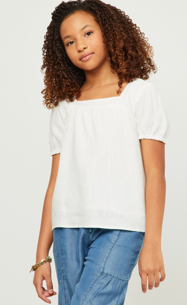 Girls Linen Look Square Neck Puff Sleeve Top in Off White