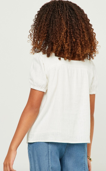 Girls Linen Look Square Neck Puff Sleeve Top in Off White