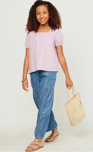 Girls Linen Look Square Neck Puff Sleeve Top in Lavender