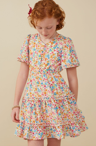 Girls Ditsy Floral Ruffle Tiered Button Dress