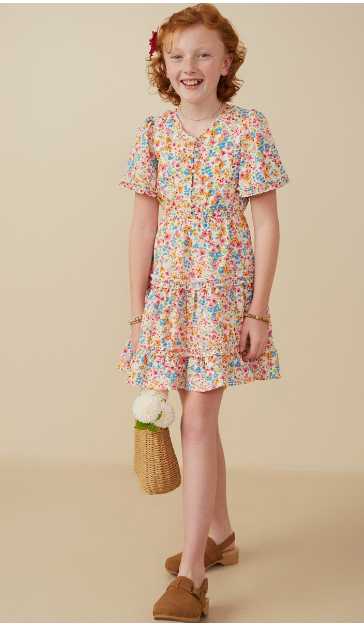 Girls Ditsy Floral Ruffle Tiered Button Dress