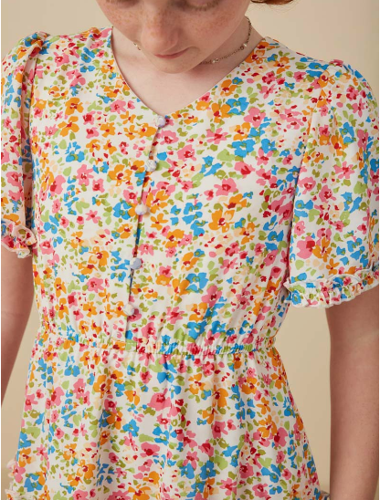Girls Ditsy Floral Ruffle Tiered Button Dress