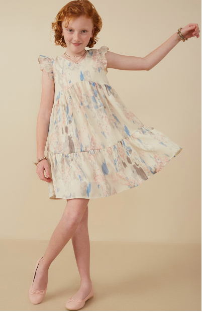 Girls Watercolor V Neck Tiered Ruffled Dress