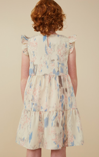 Girls Watercolor V Neck Tiered Ruffled Dress