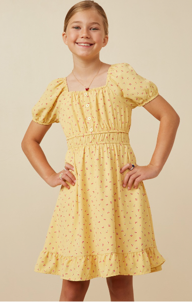 Girls Ditsy Print Button Detail Square Neck Puff Sleeve Dress