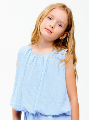 Curly Wrinkled Sleeveless Bubble Top in Blue