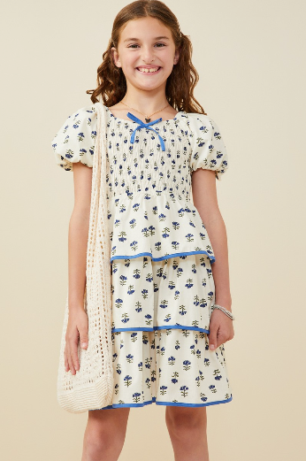 Girls Floral Tiered Smocked Contrast Bow Dress