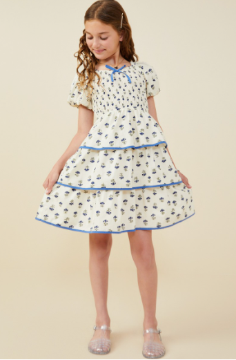 Girls Floral Tiered Smocked Contrast Bow Dress