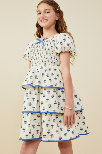 Girls Floral Tiered Smocked Contrast Bow Dress
