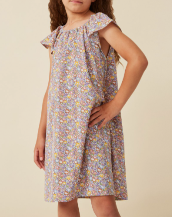 Girls Floral Print Flutter Sleeve Scoop Neck Dress