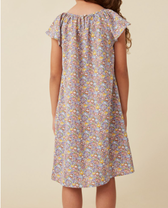 Girls Floral Print Flutter Sleeve Scoop Neck Dress