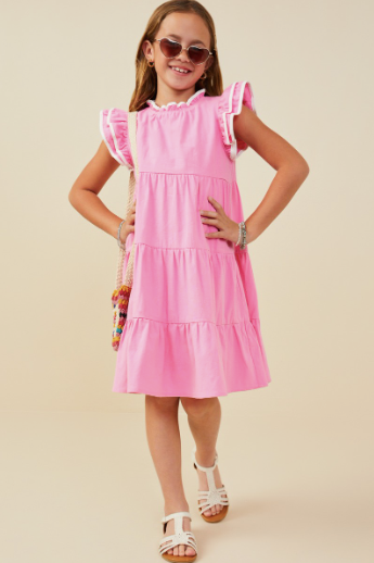 Girls Contrast Piped Ruffle Detail Dress in Pink
