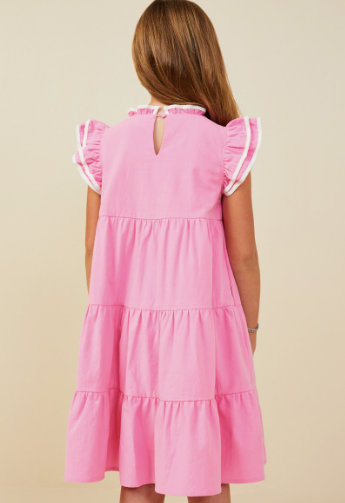 Girls Contrast Piped Ruffle Detail Dress in Pink