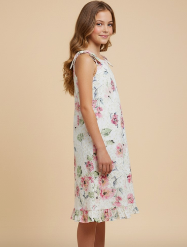 Girls Ribbon Shoulder Floral Print Eyelet Dress