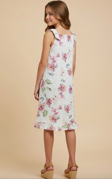 Girls Ribbon Shoulder Floral Print Eyelet Dress