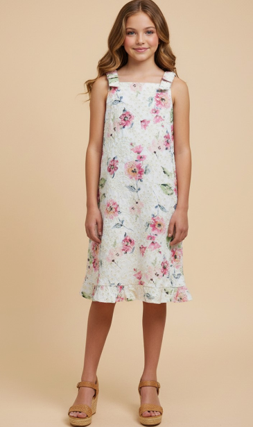 Girls Ribbon Shoulder Floral Print Eyelet Dress