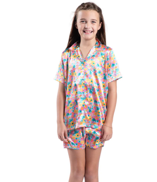 Kids Bold Floral Satin Pajama Short Set