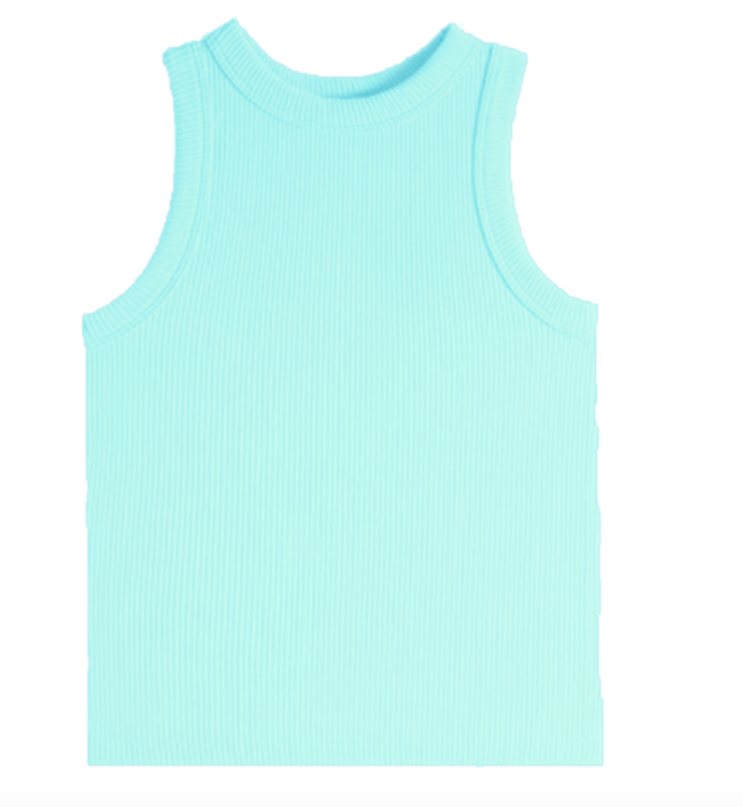 High Neck Ribbed Seamless Tank in Aqua